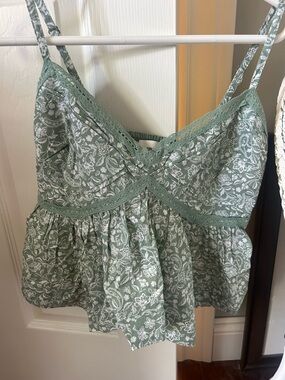 Hollister Floral Green Cami with Lace Trim